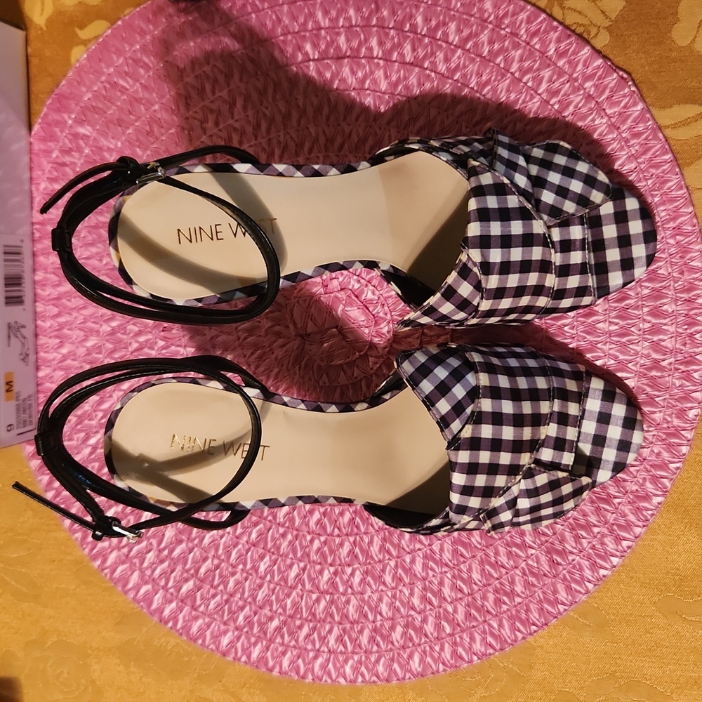 Brand new in box black and white gingham ankle strap sandal.